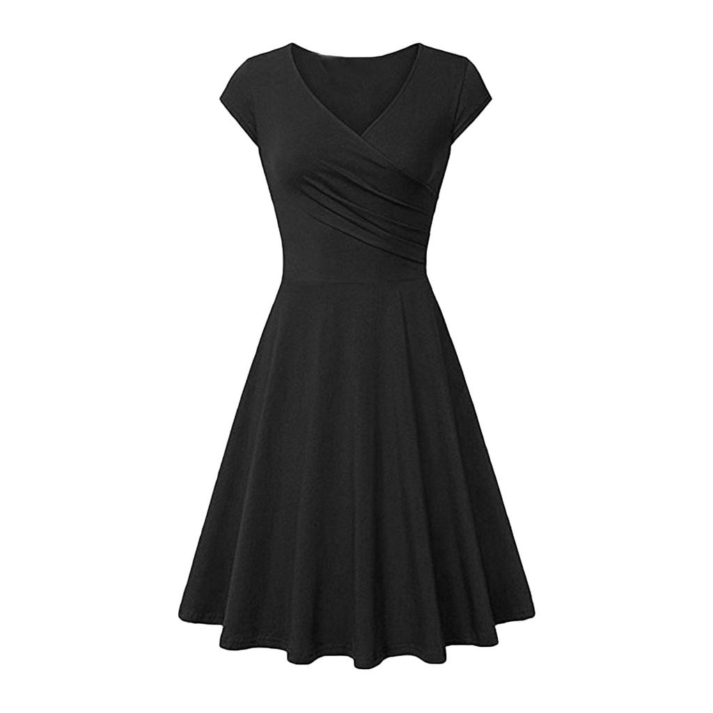 Fashion Women Solid Color Dress V-Neck Short Sleeve Evening Party Dress