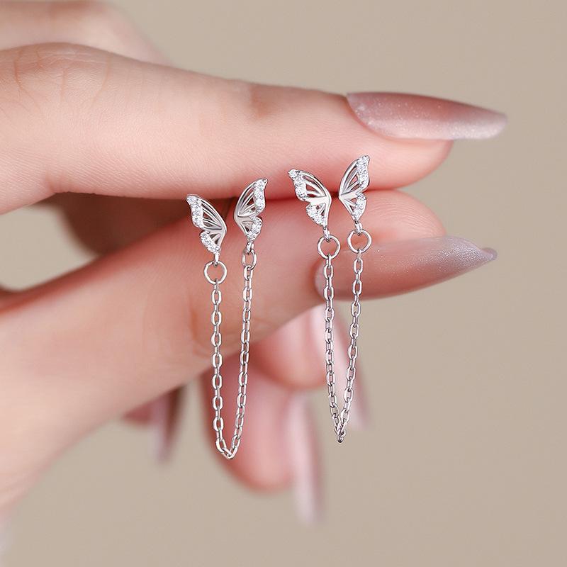 Butterfly Binocular Ears and Earrings Light Luxury Design High -level Sense Sweet Tassel Earrings