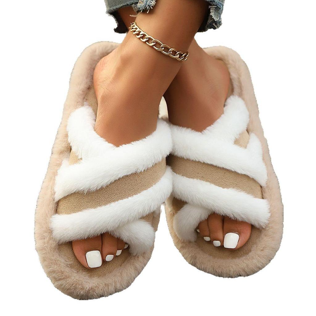 Women's Cross-Strap Patchwork Furry Slippers - Warm, Casual, and Thick-Soled for Spring and Autumn