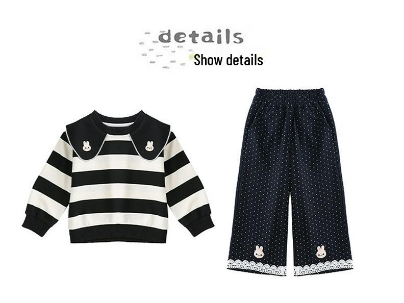 Girls' Striped Doll Collar Sweatshirt & Polka Dot Pants Set - Spring/Autumn 2025 Fashion for Small/Medium Children
