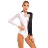 Womens Color Block Patchwork Leotard Sparkling Rhinestone Sheer Mesh Long Sleeve Bodysuit for Gymnastics Acrobatics Dance