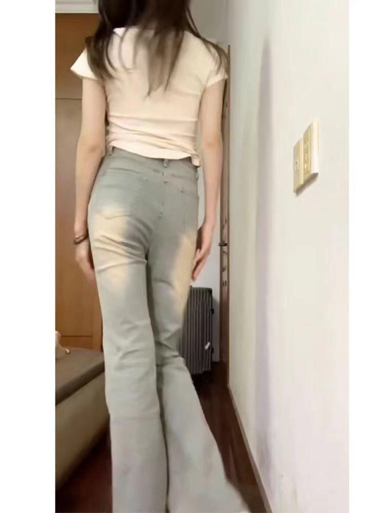 Women's High-Waist Slim Flared Jeans, Yellow-Mud Color, Perfect for Spring and Autumn