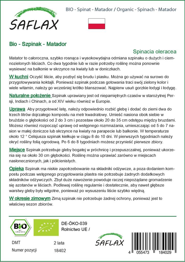 SAFLAX Garden in the Bag - Органический - Шпинат - Матадор - 300 семян - С субстратом в подходящем пакете - Spinacia oleracea