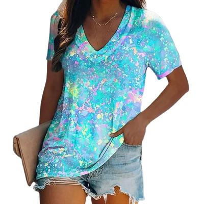 Женские роскошные футболки с 3D принтом, топы с v-образным вырезом и короткими рукавами, футболки, летняя повседневная футболка с градиентом, женская одежда больших размеров