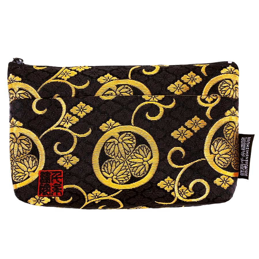 Senshishuin Nishijin Brocade Pouch with Black Hollyhock Crest (Lined) (Small)