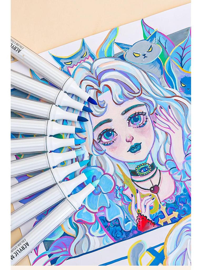 Blue Fruit M510 Soft Head Acrylic Marker Pen Set - 9 Colors for Art, Painting, and Graffiti