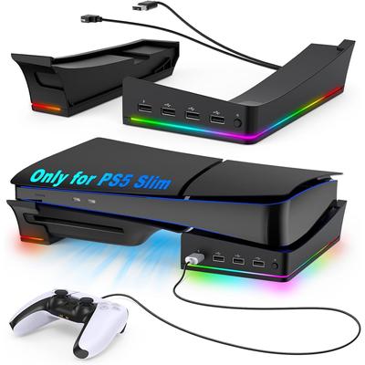Горизонтальная консоль-стойка RGB с 14 режимами освещения и 4 USB-концентраторами, боковая подставка для PS5 Slim Disc и Digital, базовый держатель с функцией быстрой зарядки контроллера