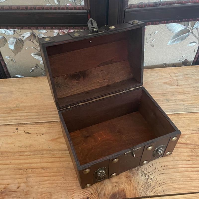 Деревянный ящик для хранения в античном стиле с замком и крышкой для ювелирных изделий и памятных вещей Декоративный сундук с сокровищами Украшение для дома
