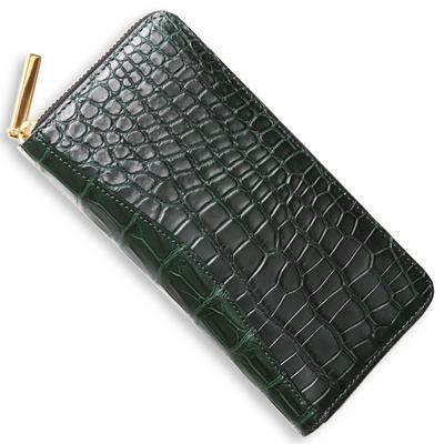 CLW Crocodile Leather Works Кошелек длинный с молнией по периметру, цвет Atlantis Green, из кожи крокодила, Сделано в Японии, Мужской длинный кошелек зеленого цвета, Название бренда, Подарок (Золотая молния)