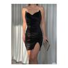 Women's Strap Detailed Short Slit Evening Dress Velvet Dress Black