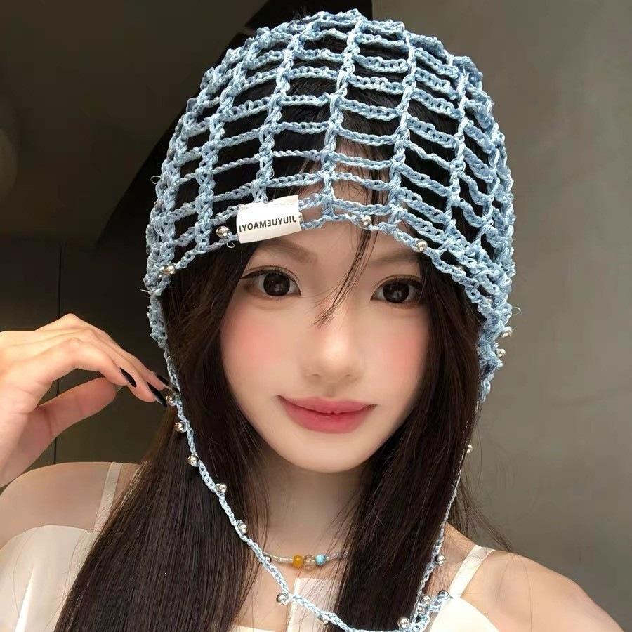 Japanese Pearl Hollowed-Out Handmade Crochet Headgear Female Summer Fringed Sweet Pullover Hat Showing Face Small Knitted Cold Hat