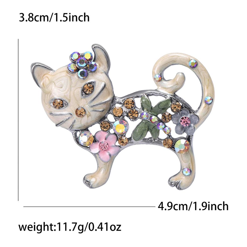 Lovely Enamel Cat Brooch Women Rhinestone Flower Animal Corsage Pins Gifts