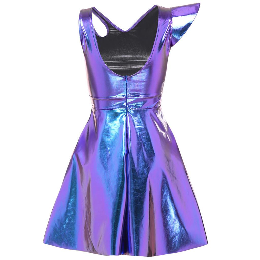 Women Disco Rave Dress Asymmetrical Metallic Shiny One Shoulder Fly Sleeve V Neck Backless A-line Mini Clubwear