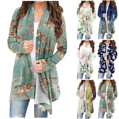 Женская модная повседневная куртка-кардиган средней длины с цветочным принтом