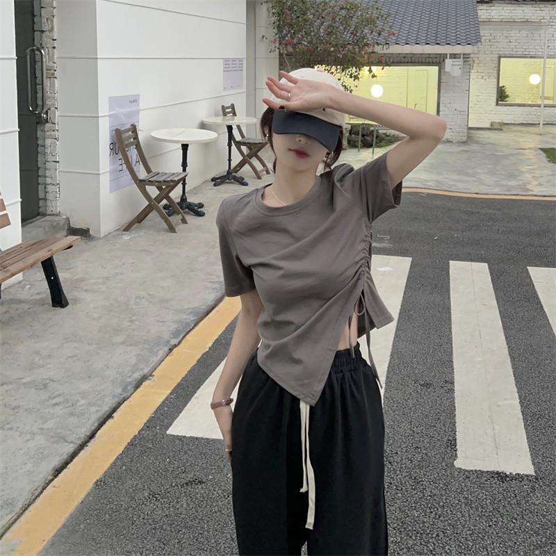 Летние нестандартные футболки с коротким рукавом для женщин, тонкий хлопок, однотонный, со шнурком, повседневная тонкая футболка Harajuku Student Y2k укороченные топы