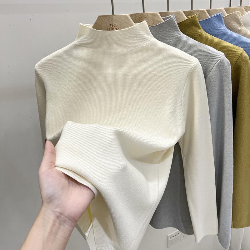 Осенне-зимняя женская нижняя рубашка, однотонный свитер, тонкая блузка с длинными рукавами, трикотаж с полувысоким воротником