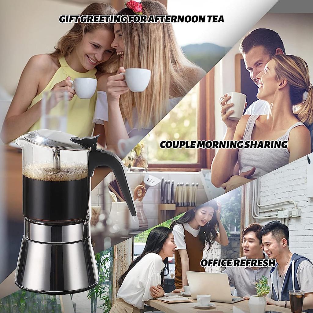 Кофеварка для эспрессо на индукционной плите Moka с клапаном давления, столешницей из хрустального стекла и кастрюлей Esprosso Moka из нержавеющей стали, классическая итальянская кофеварка