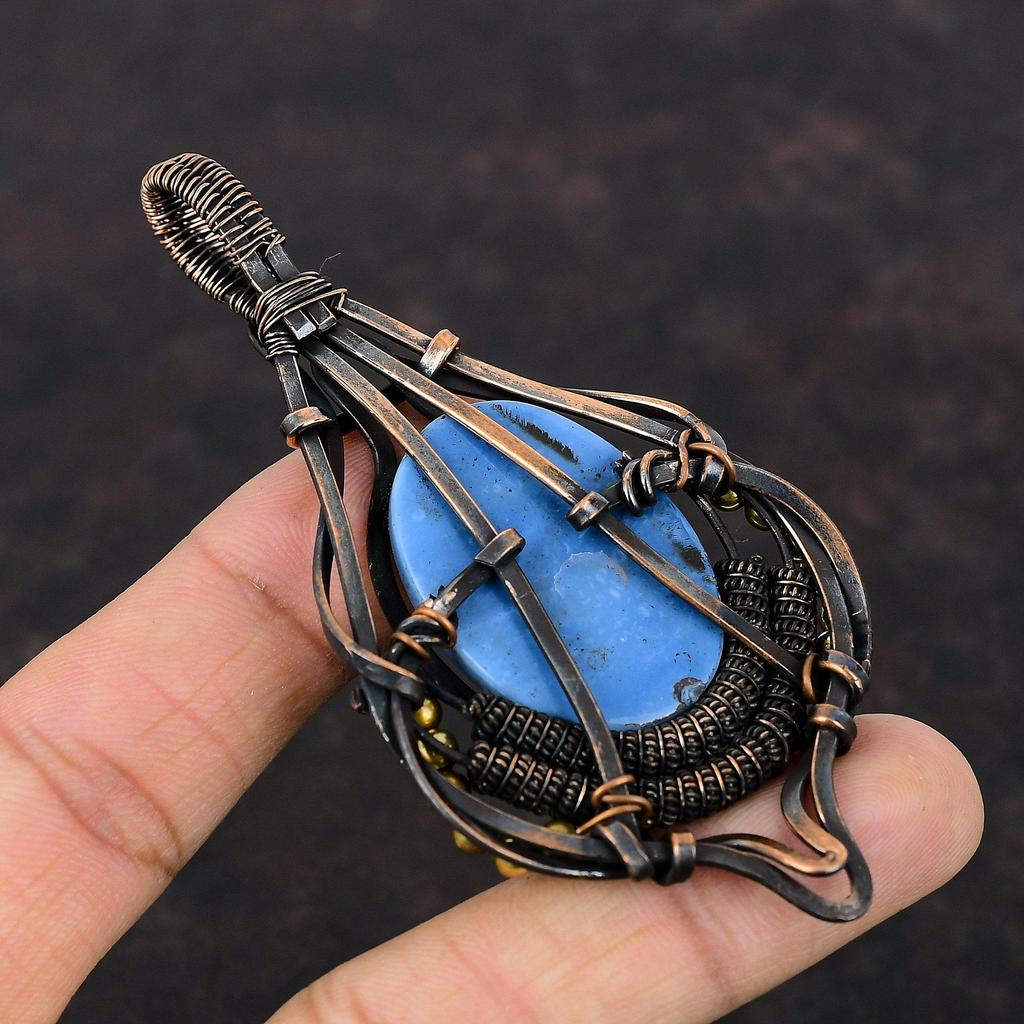 Кулон с Овайхи Блю Опалом, Кулон, обмотанный медной проволокой, Ювелирное изделие ручной работы в технике Wire Wrap, Кулон с настоящим драгоценным камнем, Подарок для мамы, Ювелирное изделие из античной меди