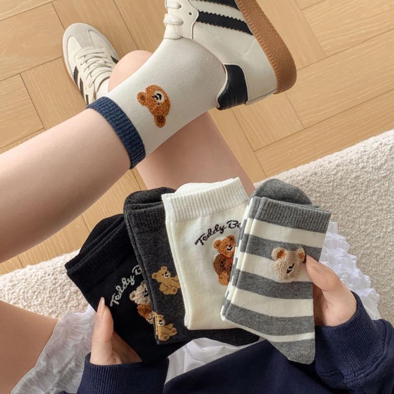 Boneless Socks for Women In Autumn and Winter, Cute Little Bear Mid-calf Socks, Trendy Long Calf Socks for Women