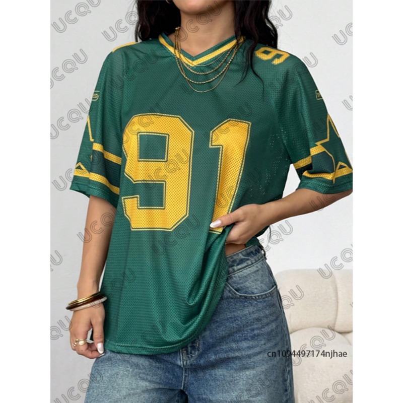 Летняя Новая Футболка Одежда Для Женщин Короткий Рукав Пэчворк Принт Speed 91 V-образный Вырез Футболки Спорт Футбольная Майка Y2k Оверсайз Топы