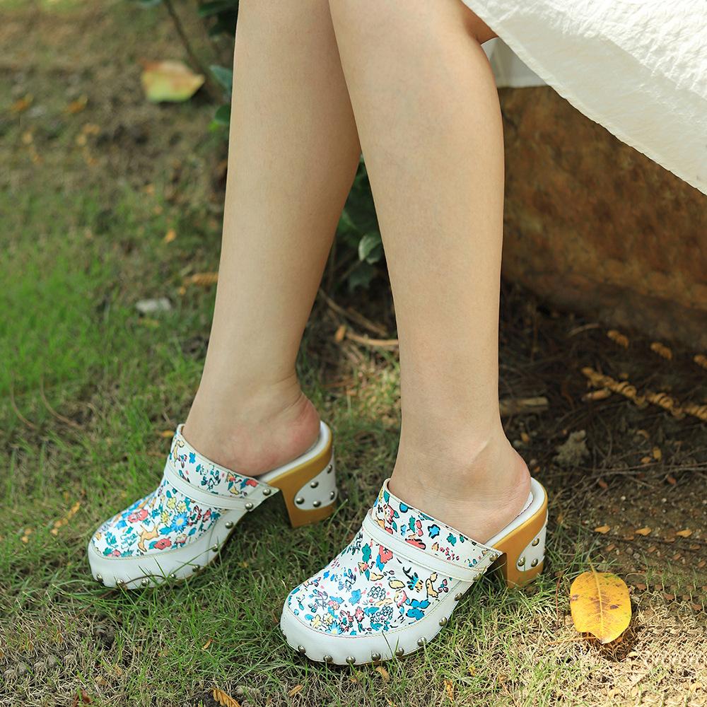 Винтажная женская обувь на высоких каблуках в стиле масляной живописи с цветочным рисунком, туфли без шнуровки из натуральной кожи в стиле ретро с круглым носком