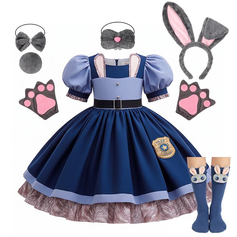 Girl Cosplay  Judy Hopps Police Officer Dress Zootopia Bunny Costume Kids Dress Up Halloween Rabbit Dress Outfits