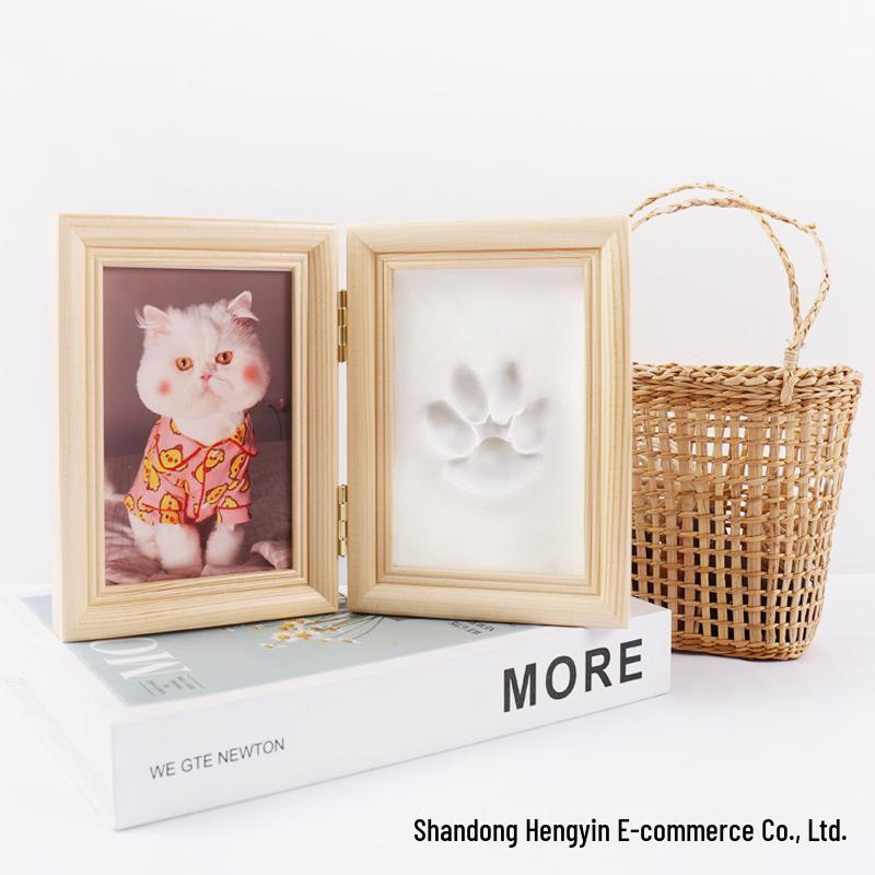 Pet Paw Print Clay and Photo Frame - Solid Wood Two-Fold Keepsake Ornament