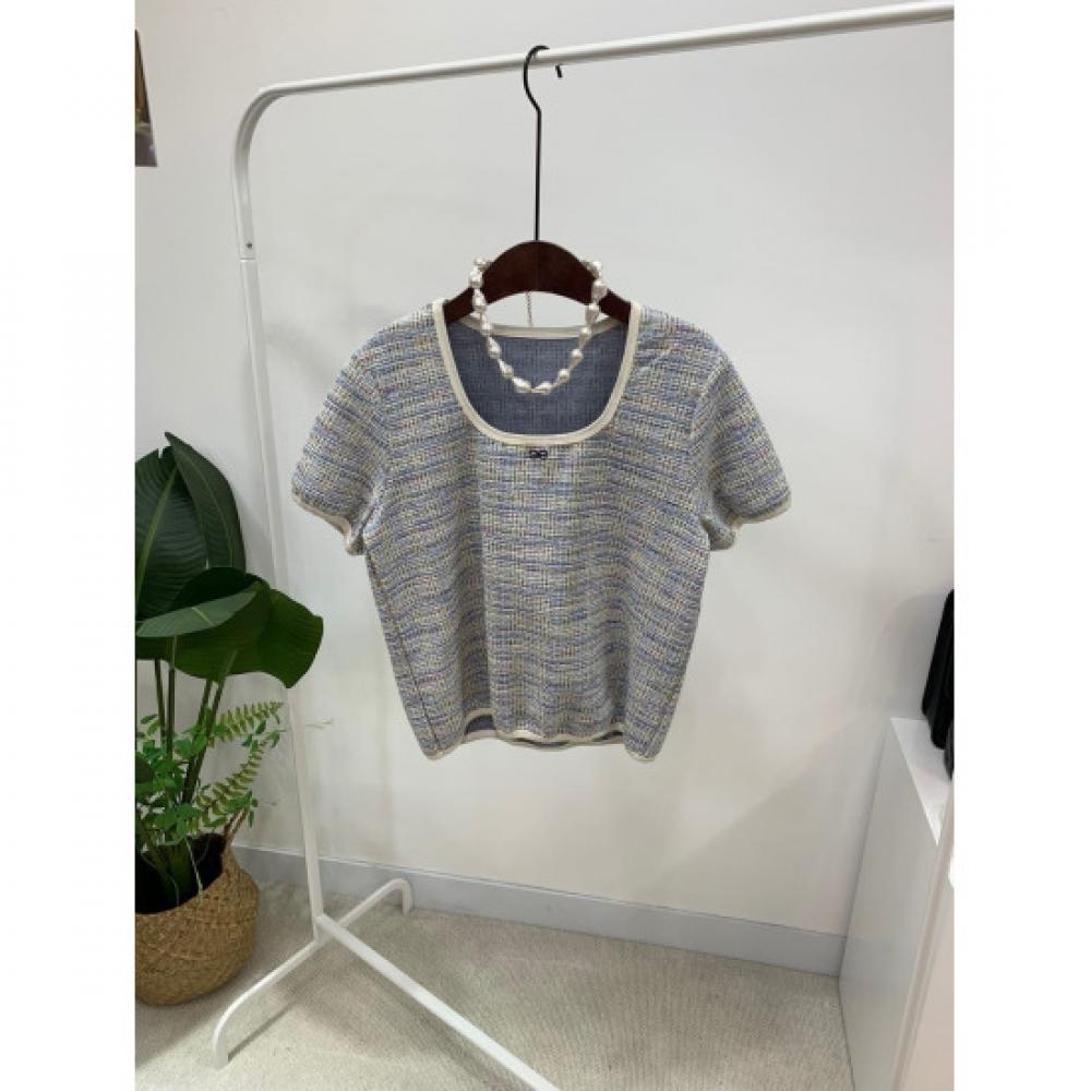 C S In The Room Lava Tweed Ribbon Embroidery Square neCk Short Sleeve Knit 4Col