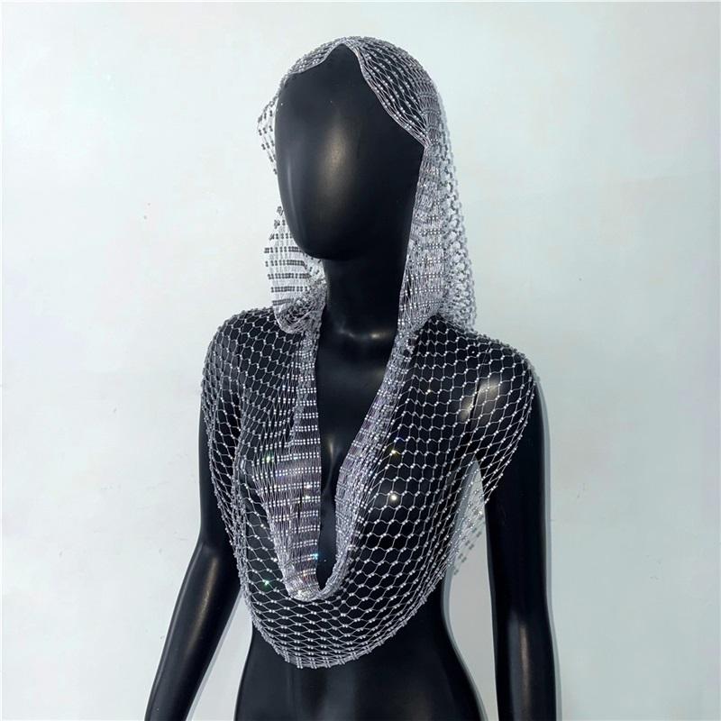 Sexy See Through Hollow Out Fishnet Hooded Tank Top Rave Party Nightclub Camisole 2025 New Women Shiny Rhinestone Mesh Crop Top