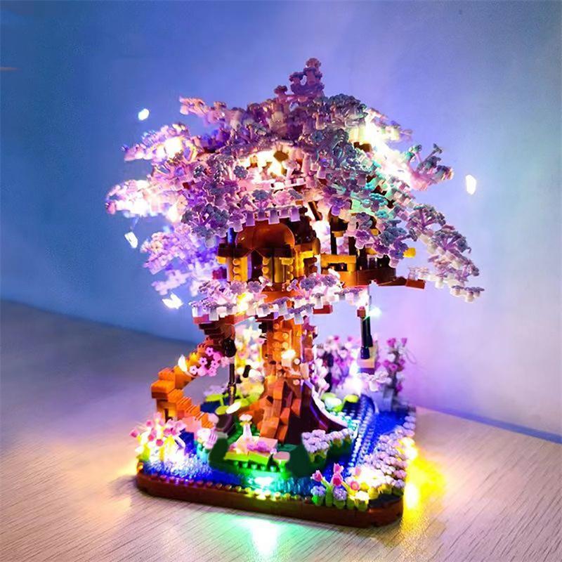 Non-Toxic Mini Sakura Tree Building Blocks Set Diy Cherry Blossom Bricks With Light Treehouse Model Ornament Romantic Gift For Childrenfriend