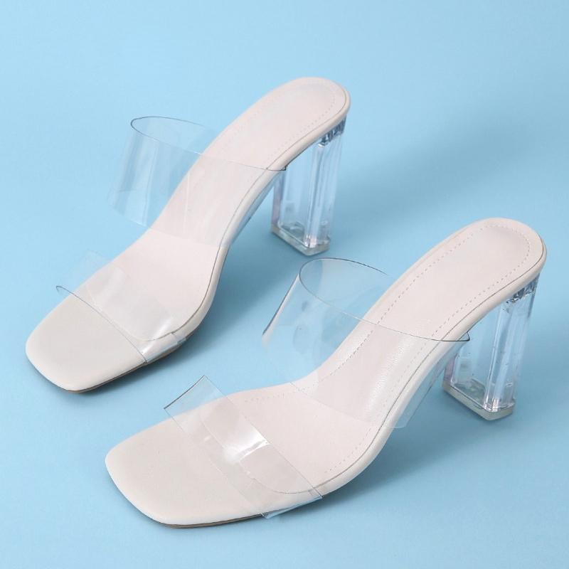 Fashion 2024 Summer New Square Headed Open Toe Transparent Sexy and Comfortable External Wearing Slippers Versatile High Heels