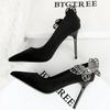 Fashion 7 Cm Kitten High Heels Rhinestone Bow Design Women Pumps Suede Women Heels Stiletto Luxury Banquet Shoes Black Heels Ladies Shoe
