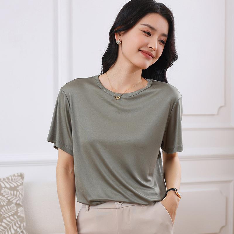 Round Neck Short Sleeve Womens Single Color Thin T-shirt V-neck Top Comfortable Fit T-shirt