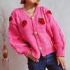 Casual Loose Strawberry Embroidery Thick Fried Dough Twists Single Breasted Knitting Sweater Coat Cardigan Women 3590