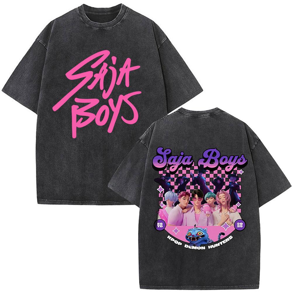 KPop Охотники на демонов Винтажные стираные футболки Руми Мира Зои Мультяшная футболка Мужская Женская Повседневная футболка С круглым вырезом Хэллоуинская футболка