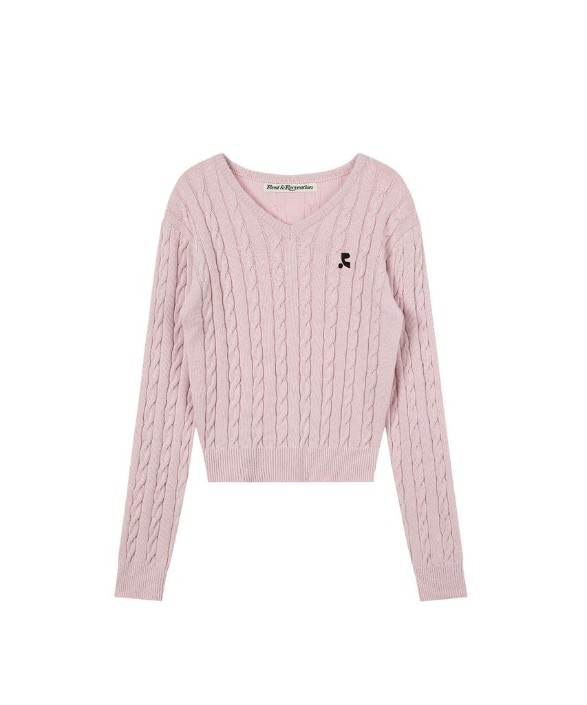REST&RECREATION Cable V-Neck Knit Top - Pink