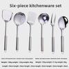 Набор кухонных принадлежностей из нержавеющей стали: 6 предметов с лопаткой, суповой ложкой, дуршлагом и лопаткой для жарки.