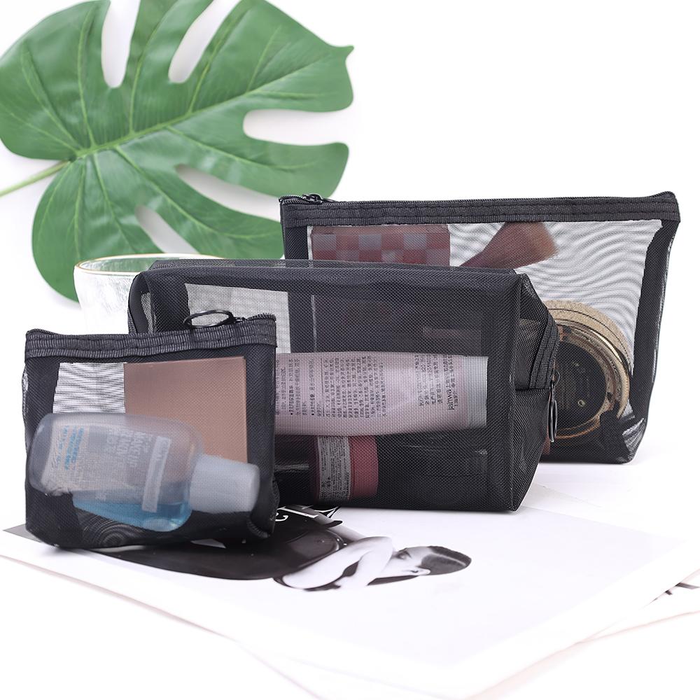 3PCS Black Women's Cosmetic Bag Mesh Storage Organizer for Cosmetics Pencil Case Travel Girl Brush Toilet Makeup Pouch Case