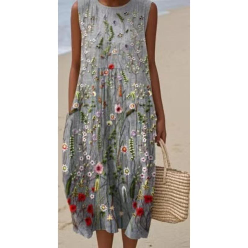 LYRIA 3D Print Roundneck Lightweight Dress Sleeveless Summer Beach Dress Casual Fashion A-Line Dress Women Elegant Floral Dresses