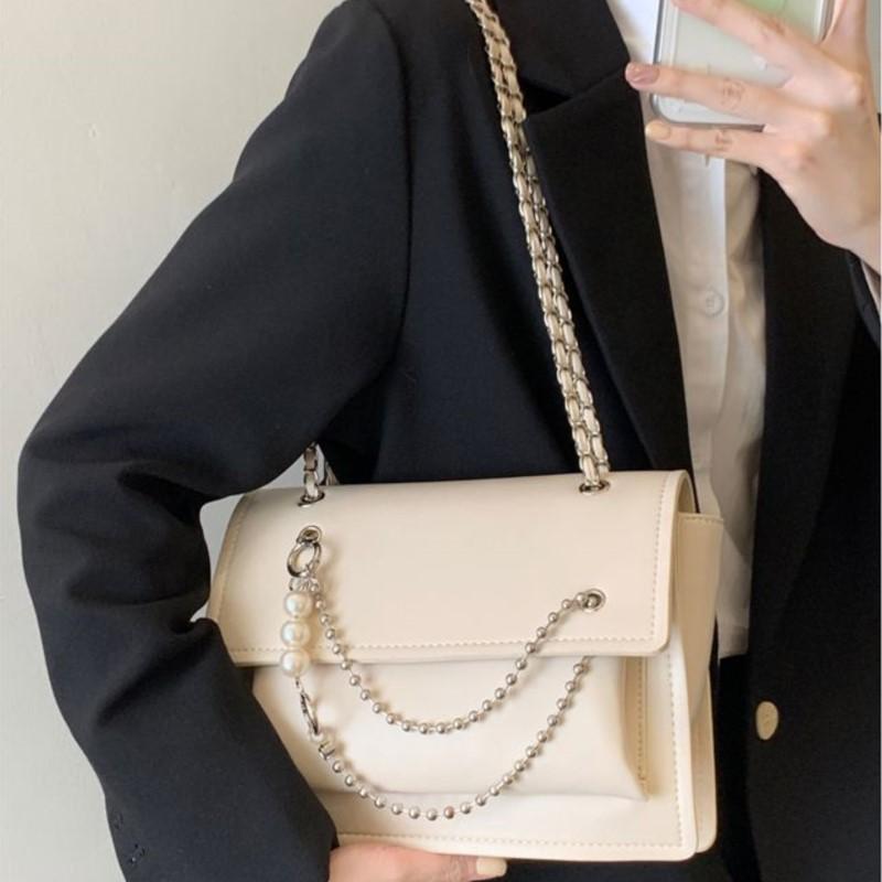 JIAERDI Solid Color Beaded Chain Handbag Women Leather Large Capacity Shoulder Bag Ladies Fashion Versatile Commute Tote Bag New
