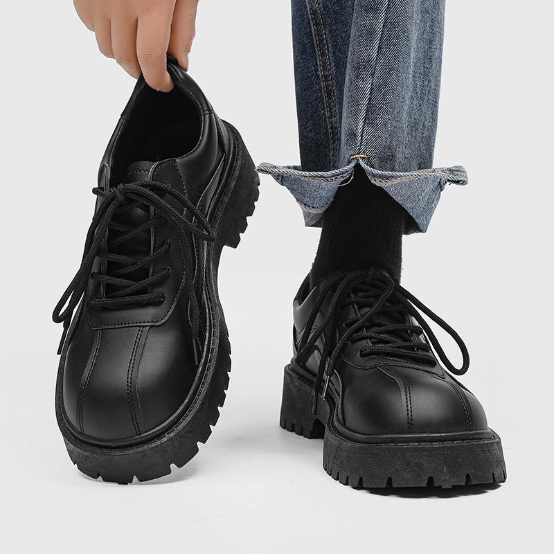 Мужские черные кожаные туфли в стиле business casual, дерби с большой головкой, нишевые, низкие, на толстой подошве, увеличивающие рост, мужские туфли