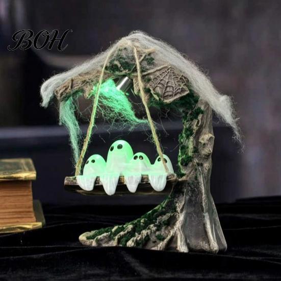 Seasonal Keepsake for Home Decor Halloween Ghosts on A Tree Swing Statue, Spooky Light Up Swinging Ghost in Figurine with Spider Web Desktop Bookshelf