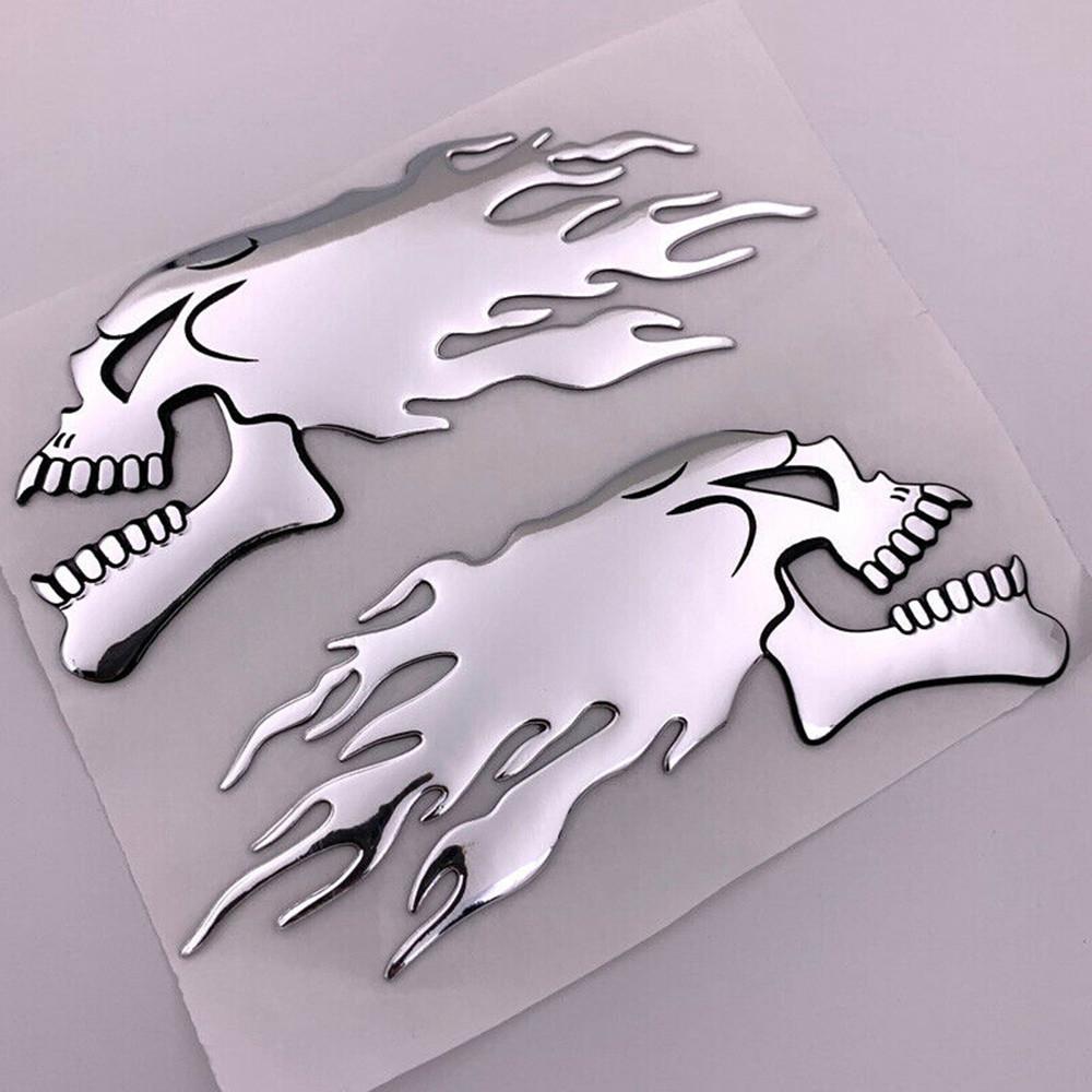 Motorbike Motorcycle Tank Car Sliver Flaming Skull 3D Gel Sticker Decal L/R Pair