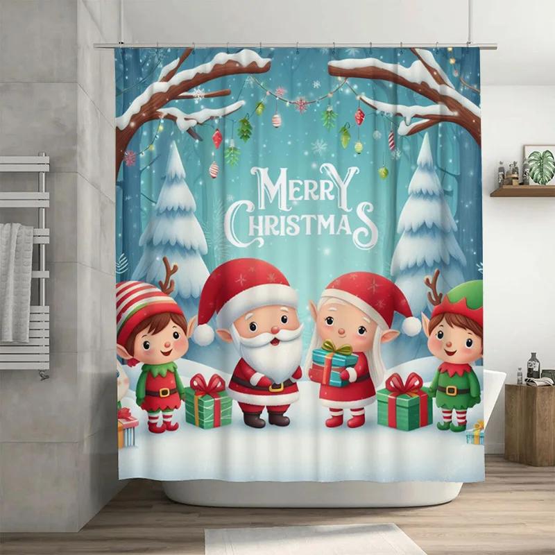 Шторка для душа GAESanta и Эльфы с праздничным поздравлением, Синяя зимняя сцена с подарочными коробками для семейной рождественской ванной комнаты