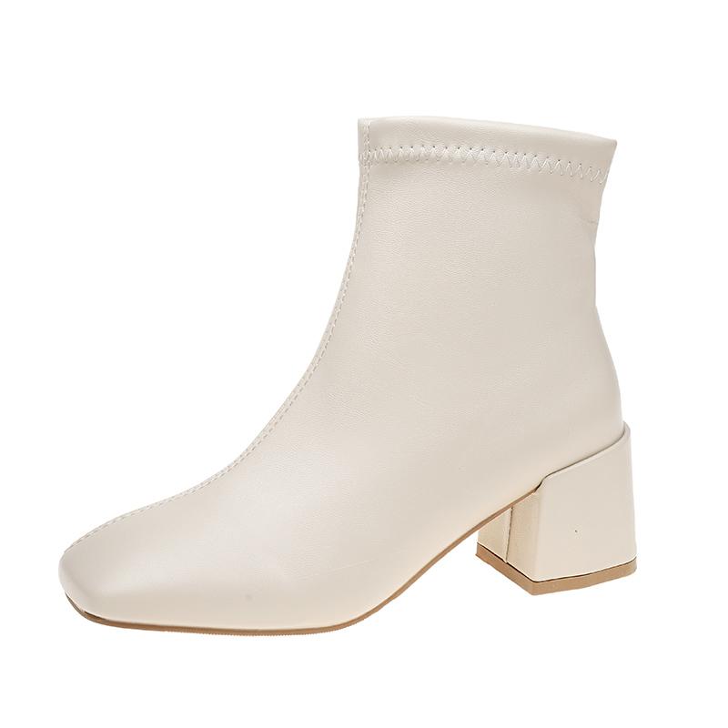 Fashion Casual Women's Thick Heel Medium Heel Boots Women's 2024 New Winter Square Toe Back Zipper Heightening Short Boots