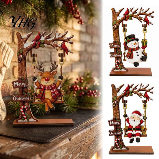 Christmas Party Table Decorations Wooden Ornaments, Santa Snowman Figurine with Moving Ornaments Swing, Rustic Holiday Tabletop Centerpiece