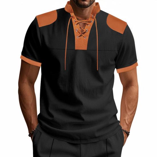 Мужская рубашка с V-образным вырезом на бретелях, цветная футболка с коротким рукавом в вафельную клетку, повседневная летняя футболка для повседневной вечеринки, офиса, путешествий