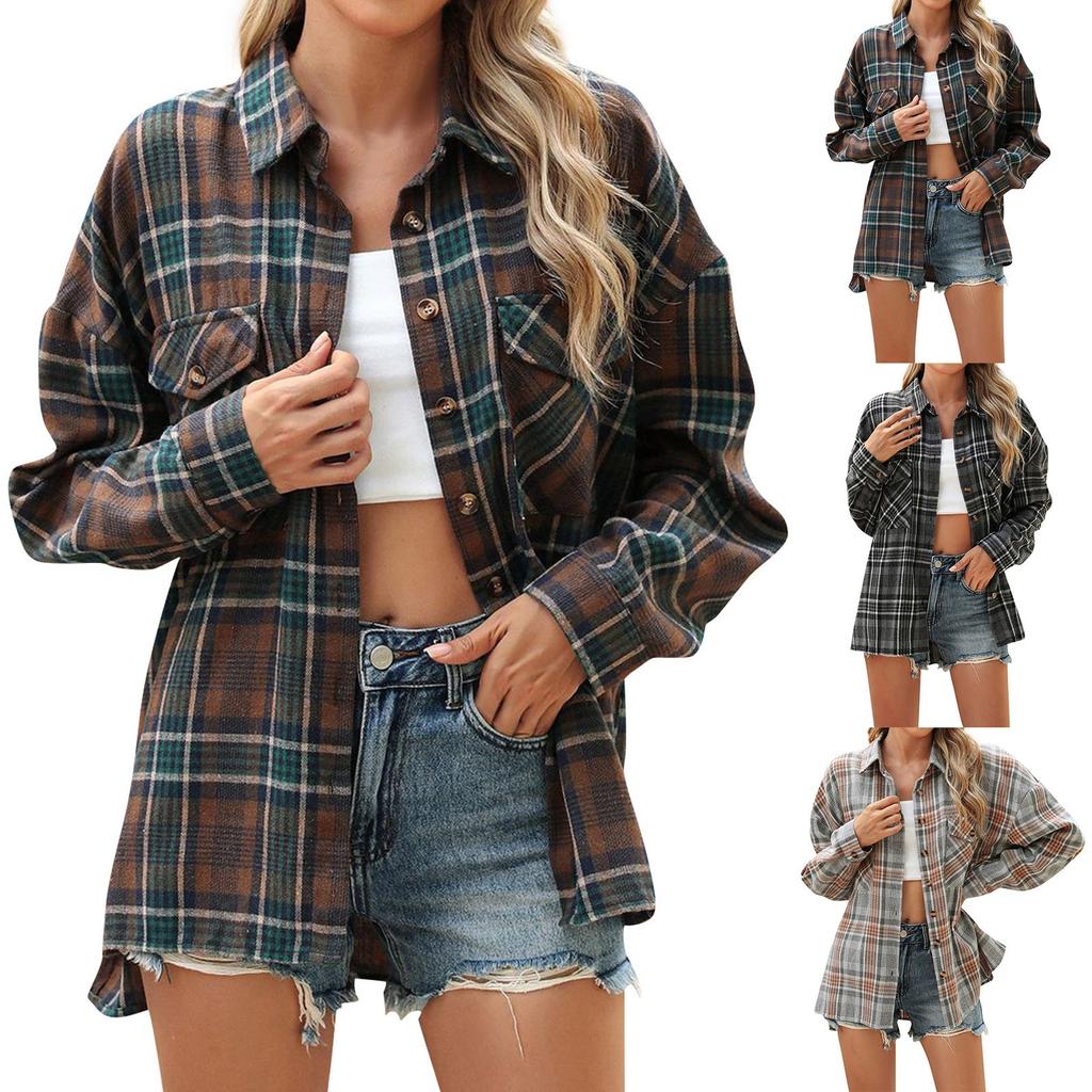 Женская модная широкая клетчатая куртка-рубашка с длинными рукавами и карманами на пуговицах