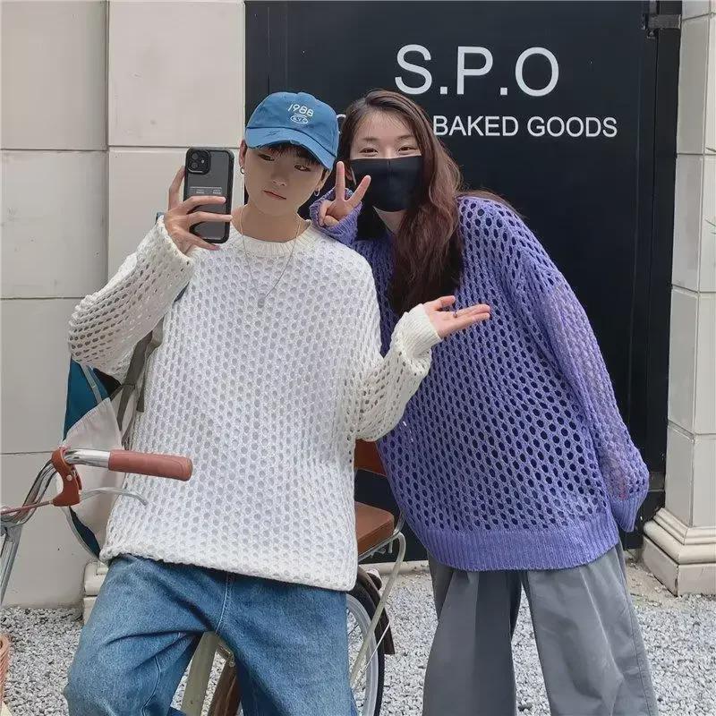 Унисекс свитер-пуловер с ажурной вязкой – Толстая линия, модный корейский стиль Tide