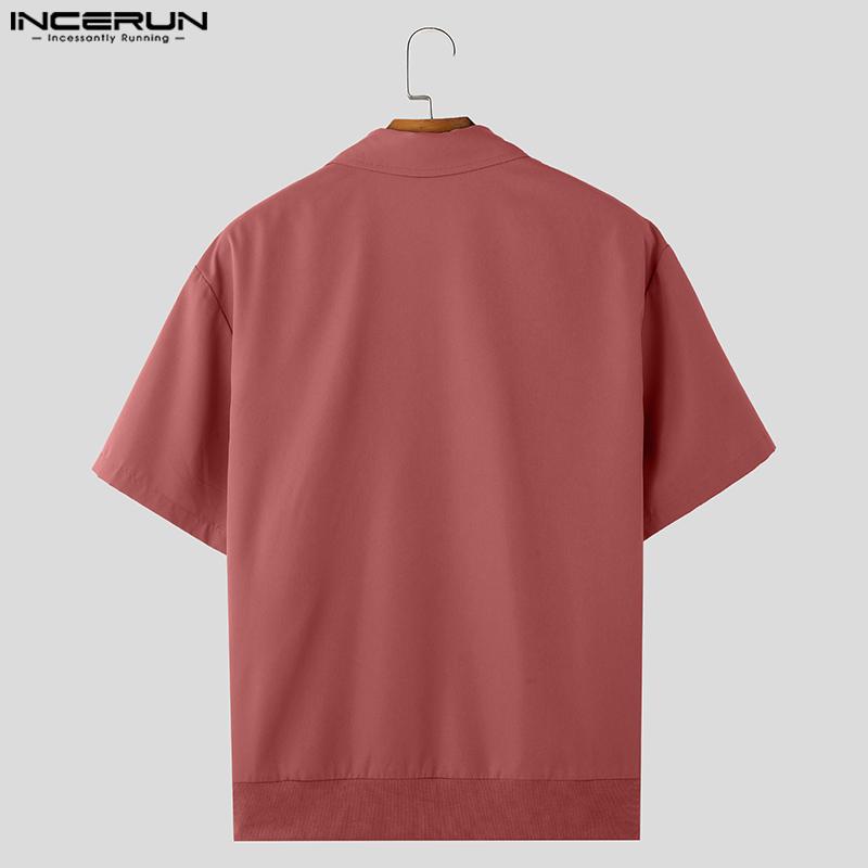 INCERUN Мужские повседневные рубашки-карго с воротником-лацканами и коротким рукавом на молнии